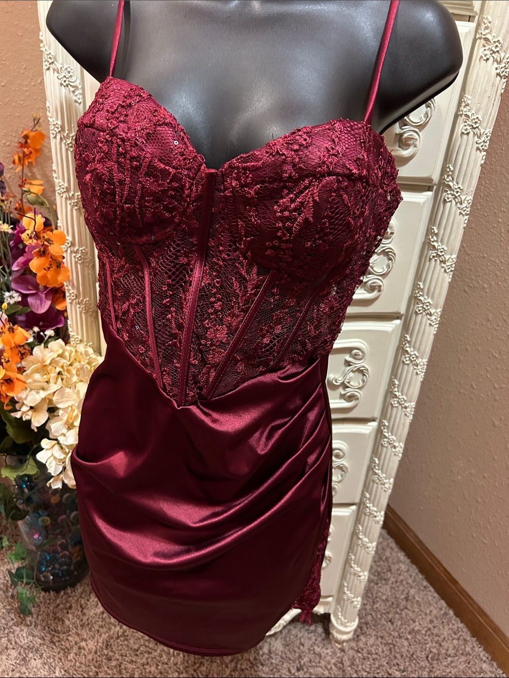 Lace Bodice Satin Slip Homecoming Dress in Burgundy